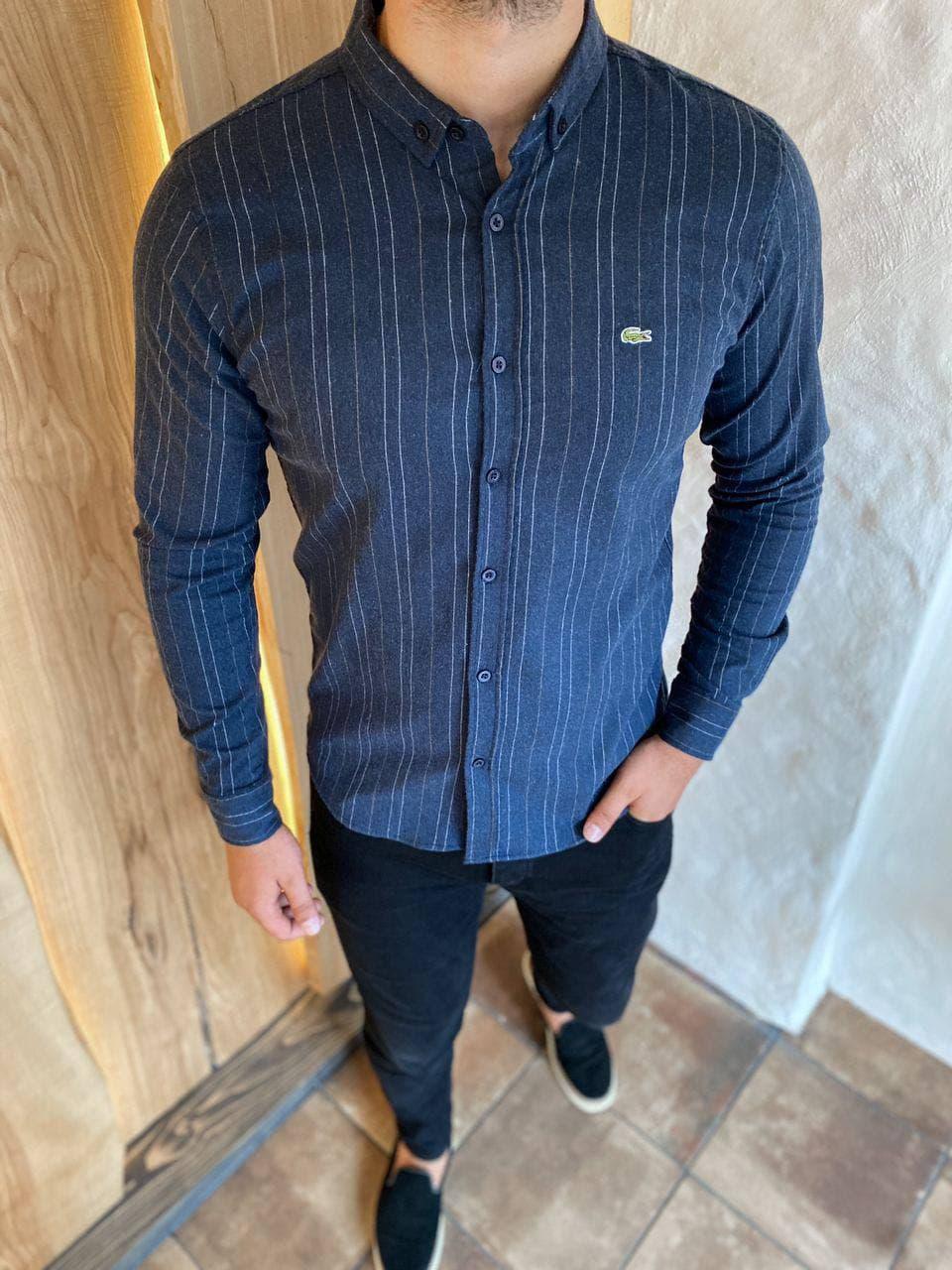 Рубашка мужская с длинным рукавом синяя турция брендовая Lacoste slim fit