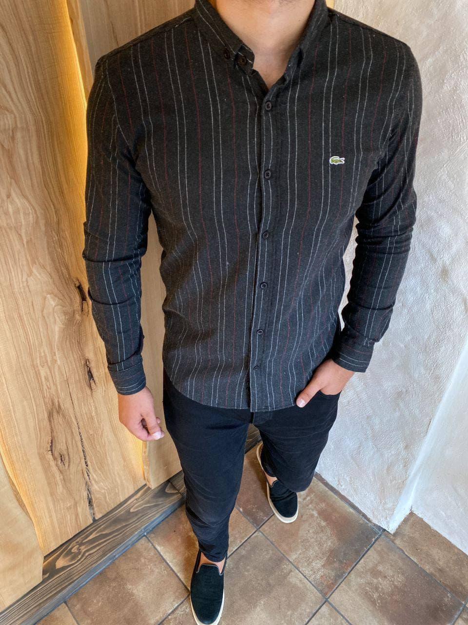 Рубашка мужская с длинным рукавом чёрная турция брендовая Lacoste slim fit