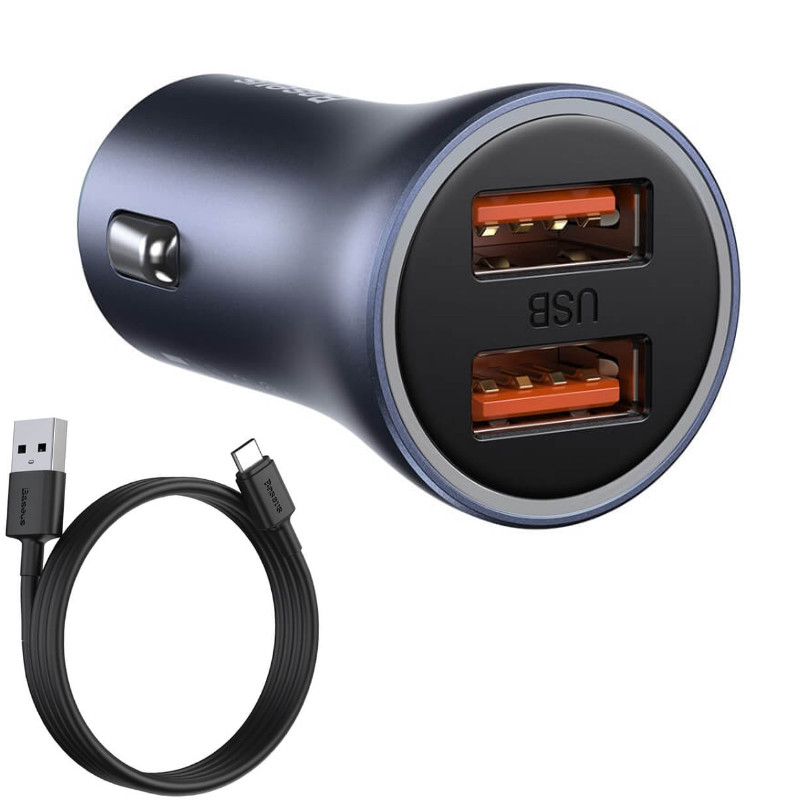 Автомобільний зарядний пристрій BASEUS Golden Contactor Pro Dual (Cable Type-C, 2USB, 5A/40W, QC). Grey, фото 1