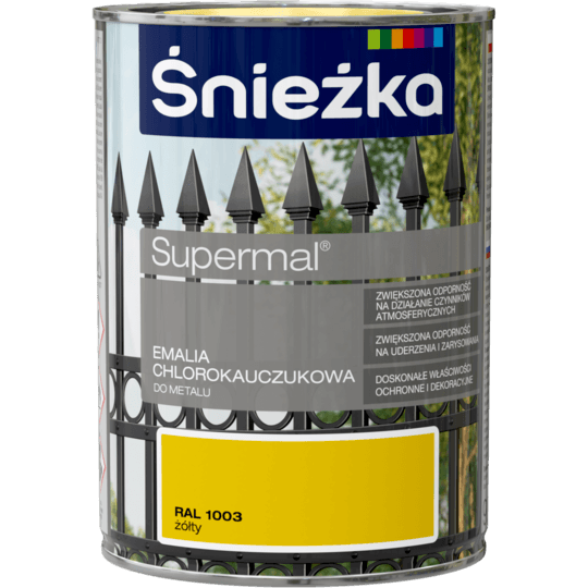 Фарба для металу СТІЙКА Емаль Хлоркаучукова Sniezka Супермаль, ЖОВТИЙ, (RAL1003) 0,9л