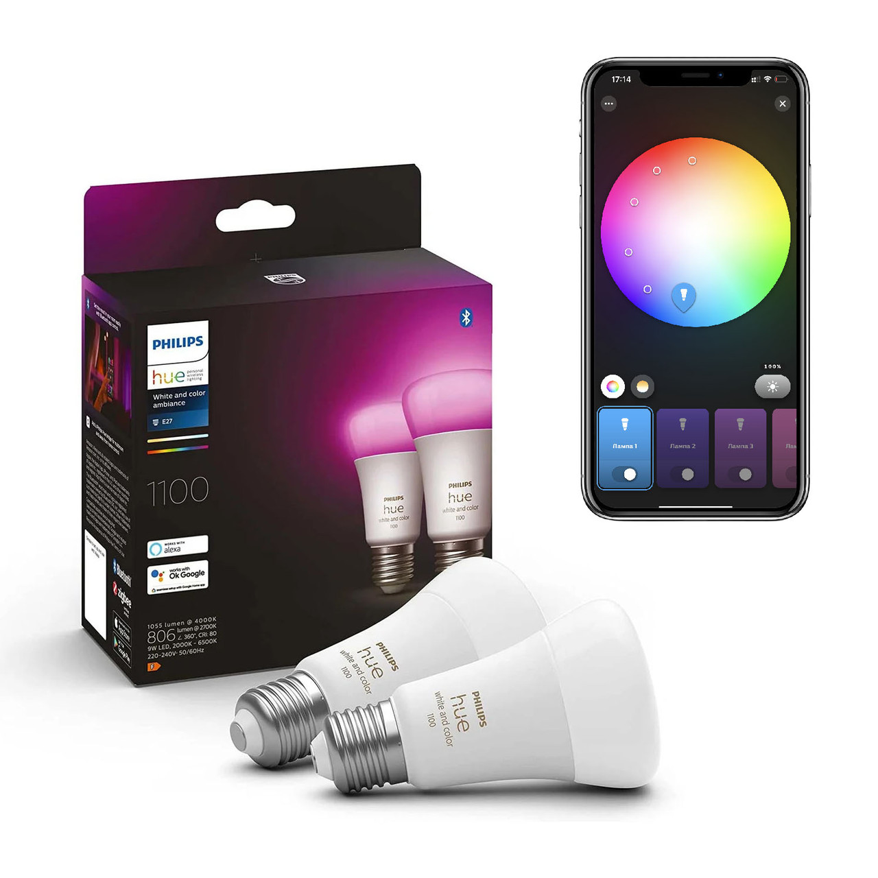 Умные LED лампочки Philips Hue E27 White and Color 1100лм 75Вт 9W ZigBee, Bluetooth, Apple HomeKit, 2шт.