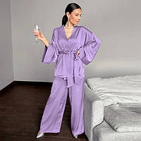 Пижама женская атласная с поясом. Комплект шелковый для дома, сна с длинным рукавом, р. M (сиреневый)
