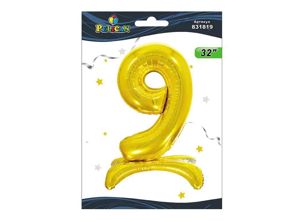 Кулька фольгована цифра на підставці 9 ЗОЛОТО 80см. 831819 ТМ PELICAN, фото 1