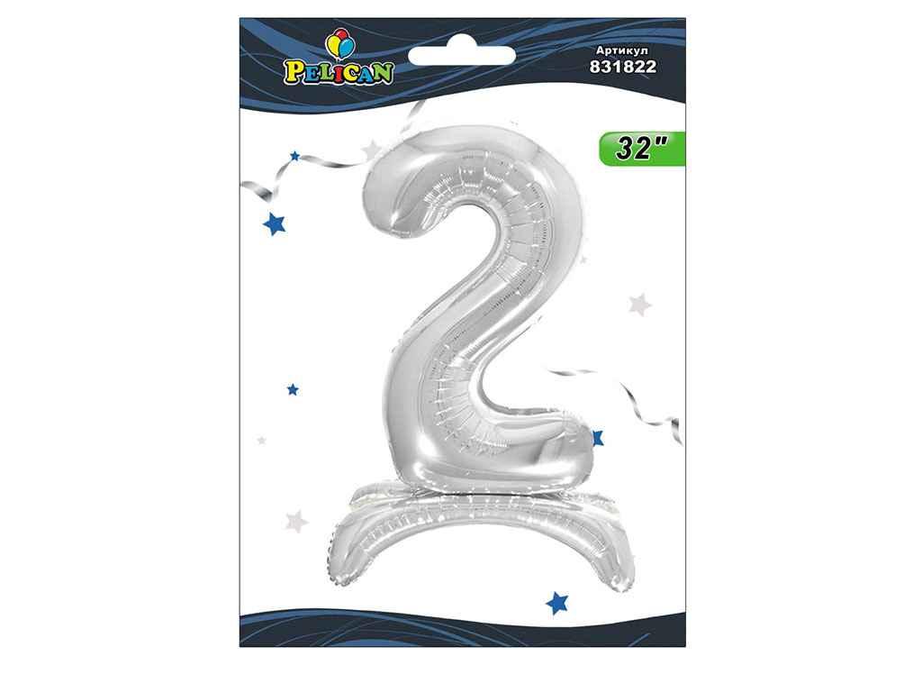 Кулька фольгована цифра на підставці 2 СРІБЛО 80см. 831822 ТМ PELICAN, фото 1