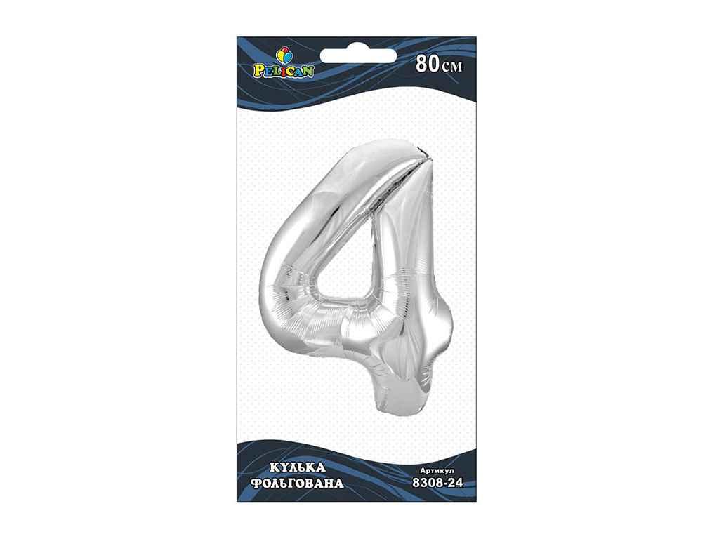 Кулька фольгована цифра 4 СРІБЛО 80см. 830824 ТМ PELICAN, фото 1
