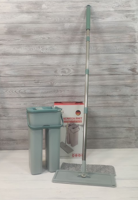 Швабра з відром з автоматичним віджимом (2 змін. насадки) М'ятний Flat Mop, поломойка, швабра для миття підлоги, фото 1