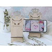Підставка для телефона з дерева кішка з короною