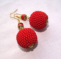 Красные серьги шарики из бисера ручной работы "Коралл"