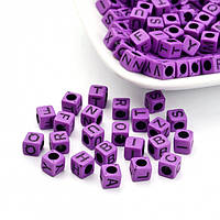 Бусины Акрил Кубики с Буквами, Цвет: Фиолетовый, Размер: 6х6х6мм, Отверстие 3мм, около 155шт/25г,