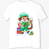 Футболка з новорічним принтом Тигр в одязі з ялинкою та подарунками Push IT