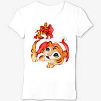 Футболка з новорічним принтом Тигреня в новорічному одязі та бантиком Push IT