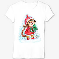 Футболка з новорічним принтом Тигреня в новорічному одязі та букетом Push IT