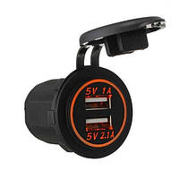 Гніздо під 2 USB DC 12-24V/5V 2,1-1A, підсвічування з різьбою SF-50-2 ORANGE