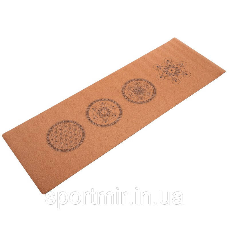 Коврик для йоги корковий каучуковий з принтом Rocord FI-7156-8 1,83x0,61x4м коричневий, фото 1