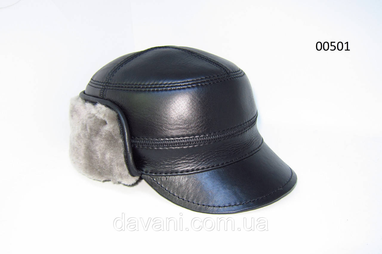 Чоловіча зимова шапка з натуральної шкіри чорна на натуральному хутрі. DAVANI  00501