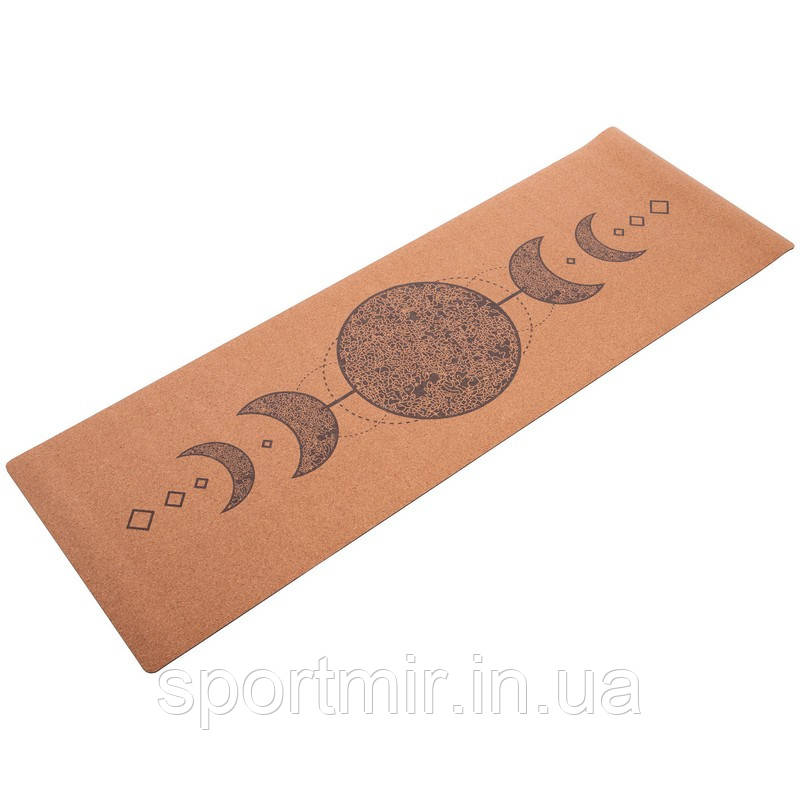 Коврик для йоги корковий каучуковий з принтом Rocord FI-7156-9 1,83x0,61x4м коричневий, фото 1