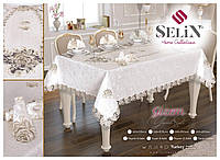 Велюровая скатерть Selin Gizem Set 160×350+12 салфеток Кремовая