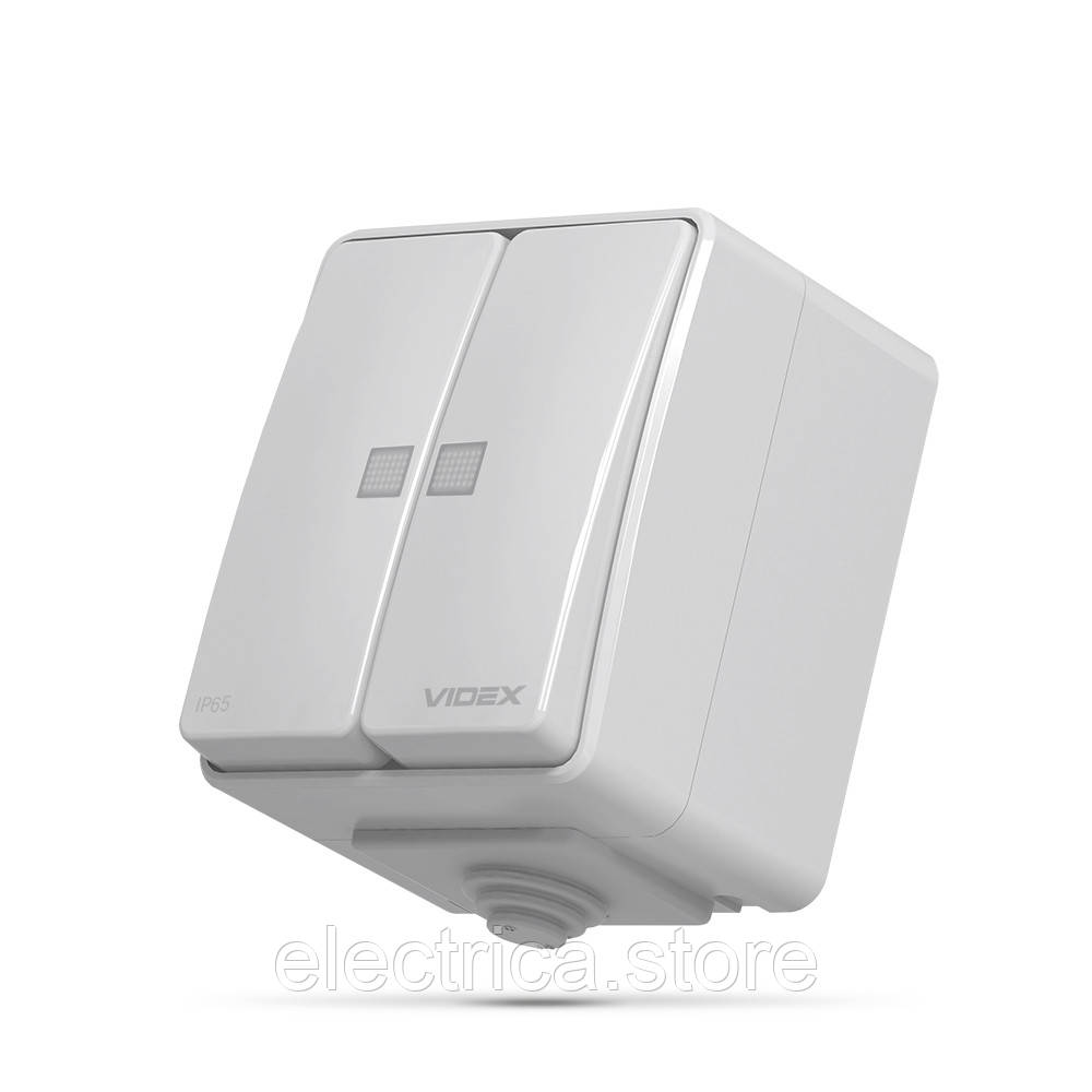 Вимикач накладний 2-клавішний з підсвічуванням сірий VIDEX BINERA IP65 VF-BNW12L-G, фото 1