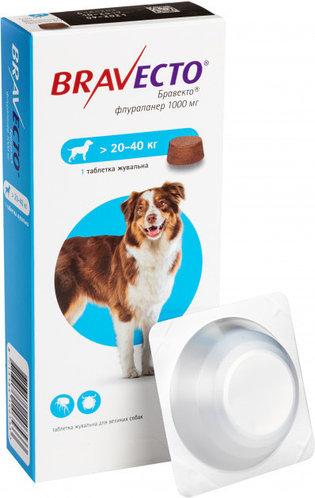 Бравекто Bravecto для собак вагою від 20 до 40 кг таблетки від бліх та кліщів, 1табл