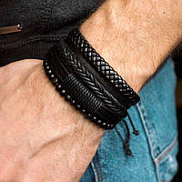 Браслет мужской кожаный LIBERTY чёрный широкий на руку комплект