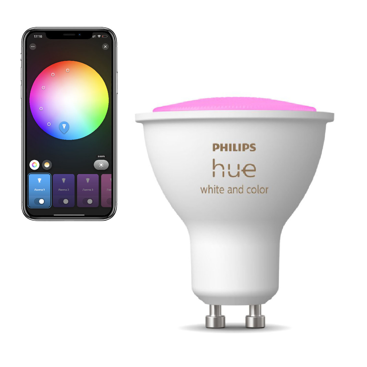 Розумна LED лампочка Philips Hue GU10 White and Color 350 лм 50Вт 5.7W, ZigBee, Bluetooth, Apple HomeKit, 1 шт., фото 1