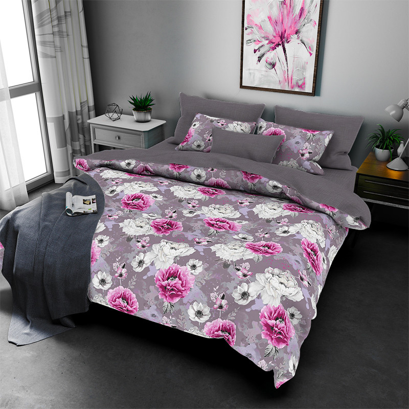 Двоспальна підковдра (Бязь) | Підковдра від виробника "Королева Ночі" | 175х215 | Квіти на сірому, фото 1