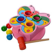 Деревянная игрушка Стучалка с шариками розовая бабочка MD 0045