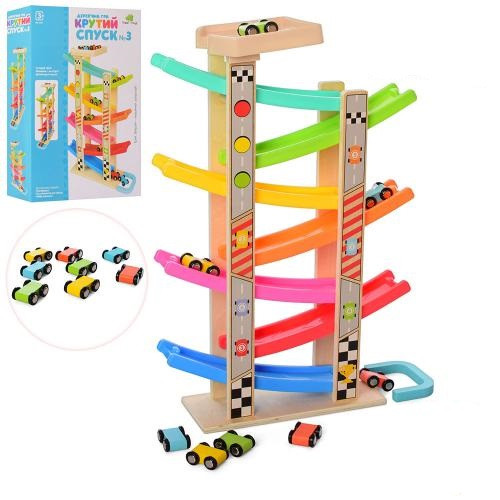 Дерев'яна іграшка швидкісний спуск, гоночний трек на 7 поверхів і 8 машинок Limo Toy MD 2541