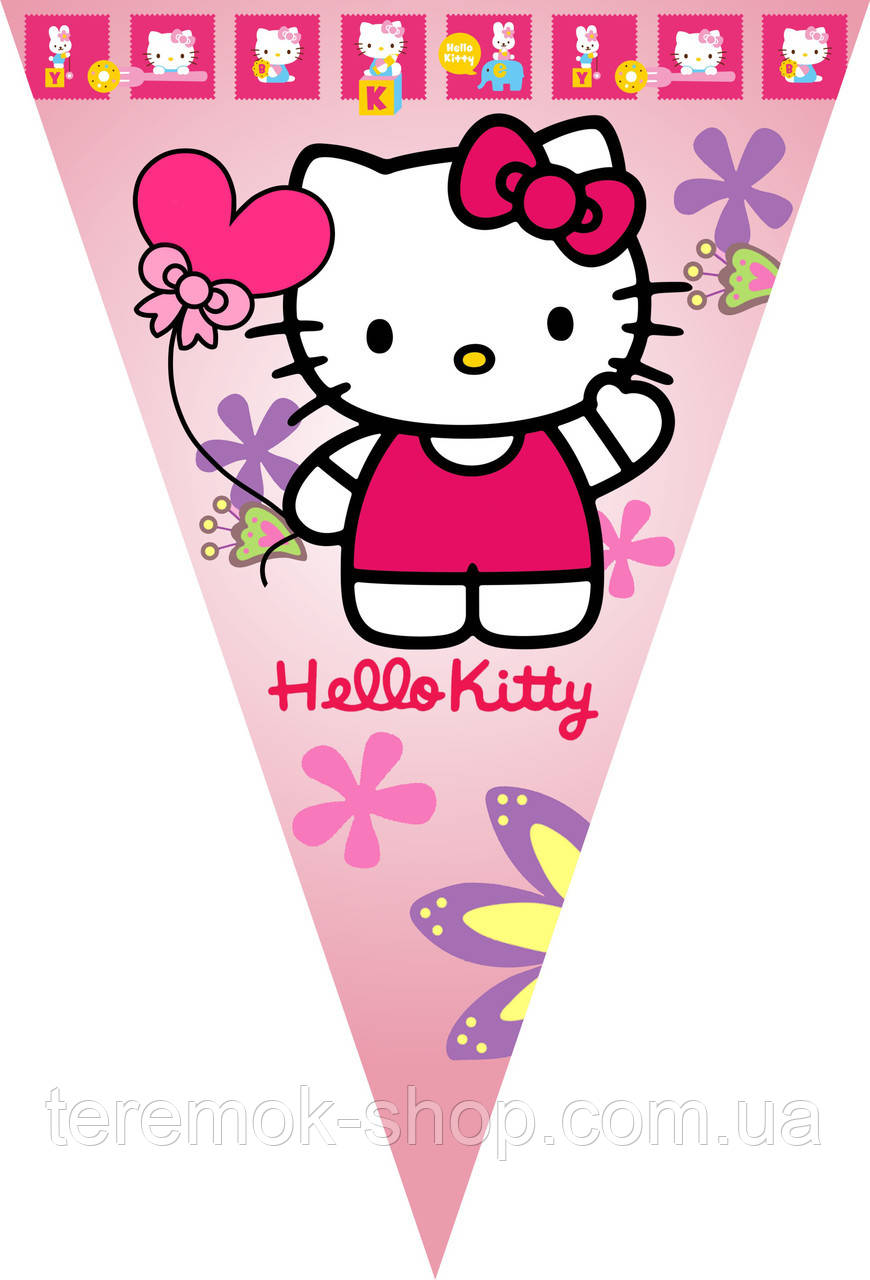 Прапорці гірлянди вимпелі з паперу Кітті Hello Kitty на атласній стрічці 1 м 80 см