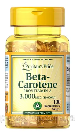 Вітамін А (бета-каротин) Puritan's Pride Beta-Carotene Provitamin A 10,000 IU 100 капс., фото 2