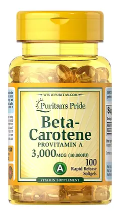 Вітамін А (бета-каротин) Puritan's Pride Beta-Carotene Provitamin A 10,000 IU 100 капс., фото 2