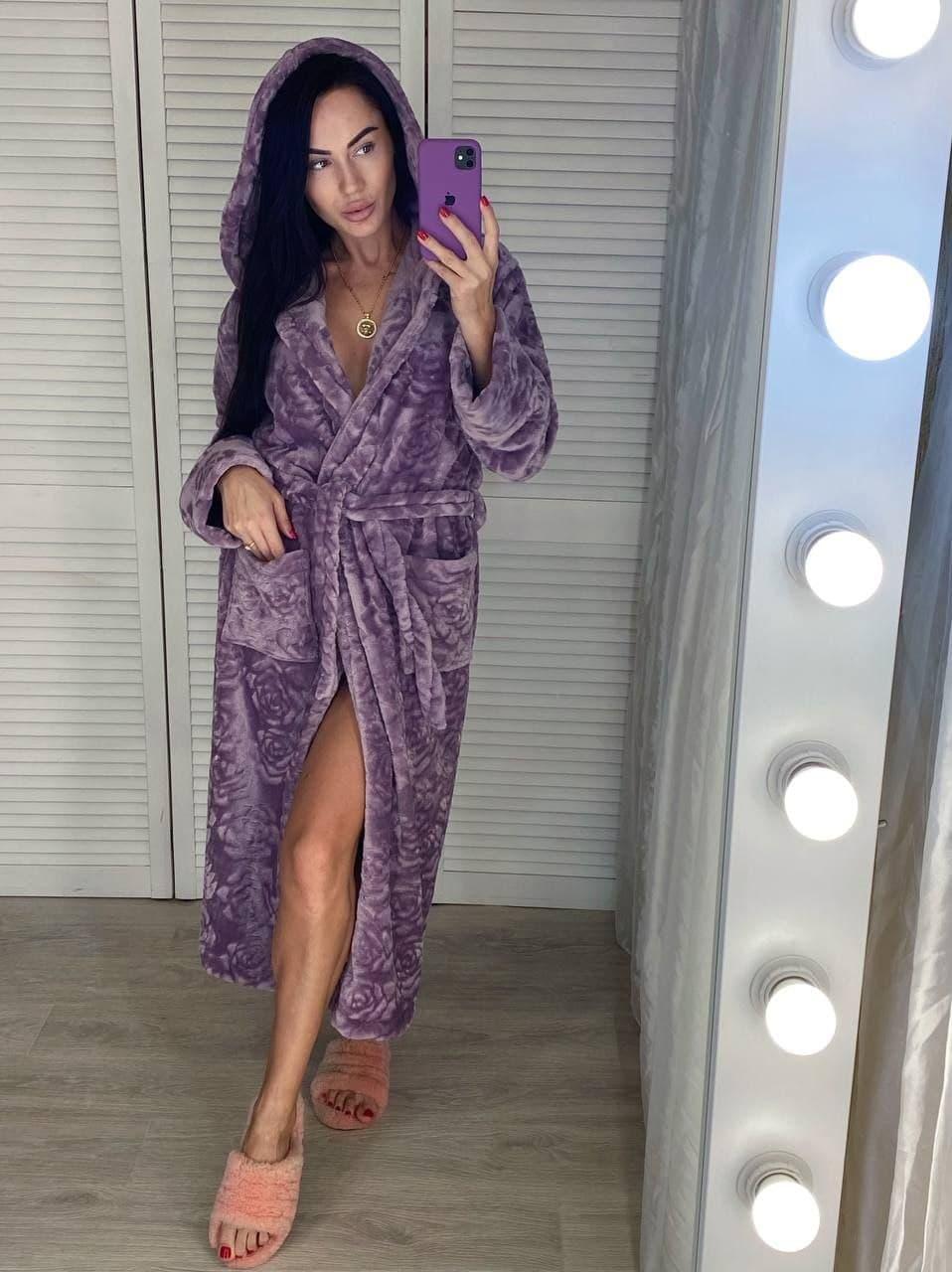 Теплий довгий халат для дому з плюшу з капюшоном фіолетових квітів, фото 1