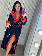Халат жіночий махровий довгий чорний із червоним