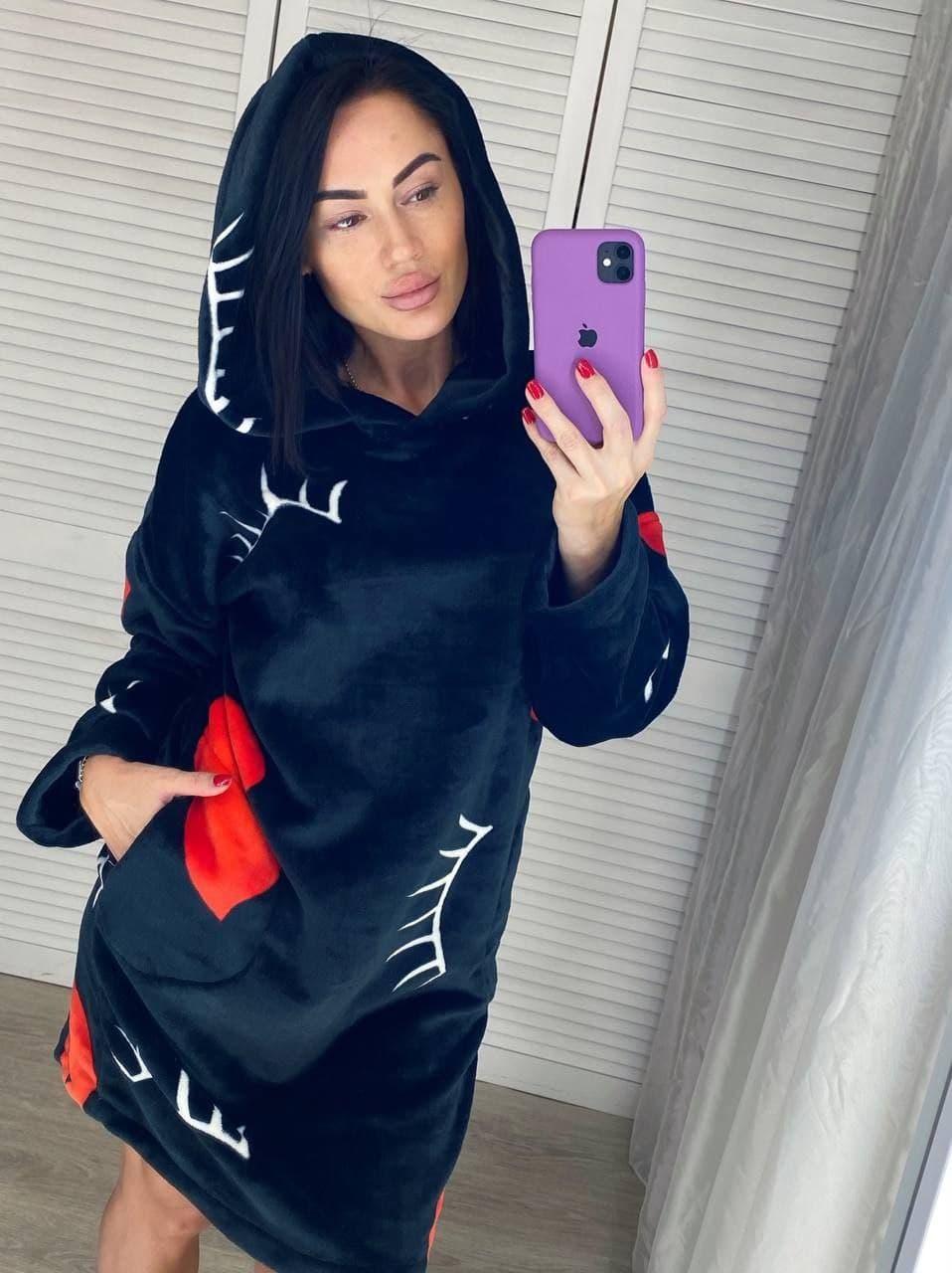 Жіноча тепла махрова туніка для дому чорна Туреччина, фото 1