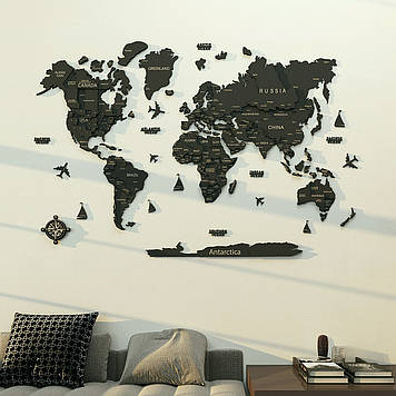 Мапа Світу на стіну, дерев'яна багатошарова зі країнами та Містянами 3д — темна