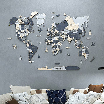 Мапа Світу на стіну, дерев'яна багатошарова зі країнами та Містянами 3д — у трьох кольорах