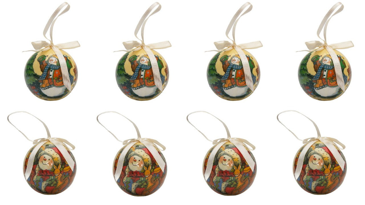 Набір ялинкових іграшок - кулі Сніговик, 8 шт, D6 см, різнокольоровий з малюнком, пінопласт (420049-1), фото 1