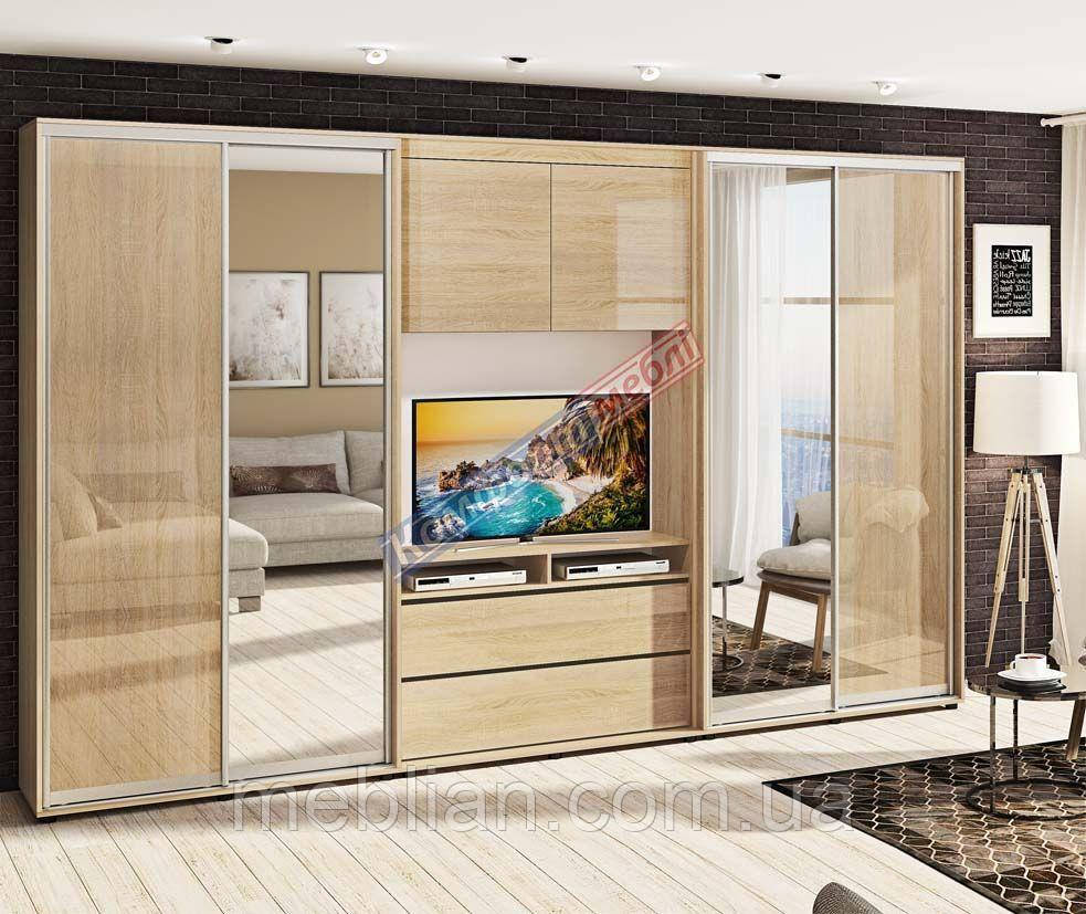 Гостиная-купе 2,4м "ДСП" Крашеный высокий глянец с зеркалом, фото 1