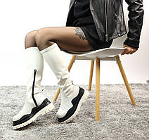 Зимові жіночі шкіряні високі чоботи Bottega Venetta White (Високі шкіряні черевики Боттега на флісі білі)