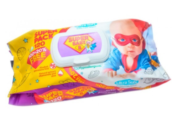 Вологі серветки дитячі Super Baby Ромашка та алоє 120 штук з клапаном