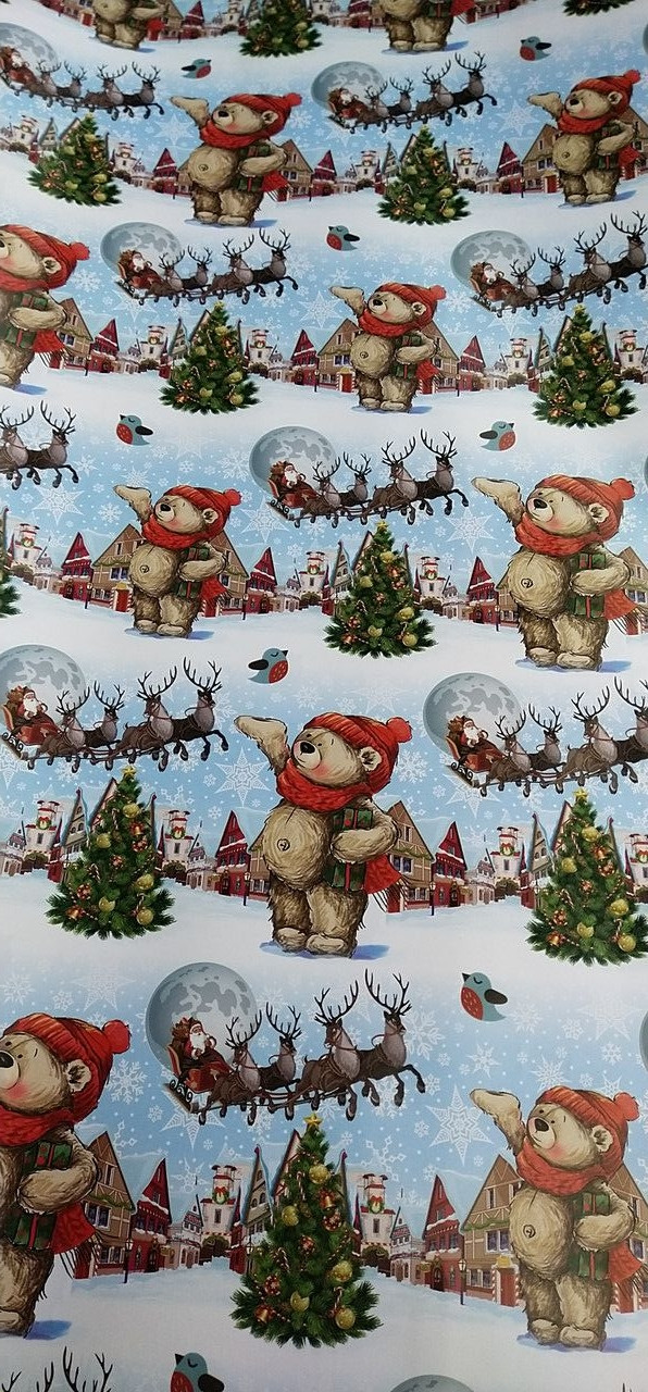 Новорічна пакувальний папір з малюнком дід мороз и медведик розмір 1 метр 70 см 1 шт, фото 1
