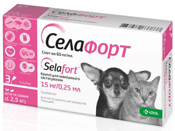 Селафорт Selafort Спот-он для котів і собак вагою до 2,5 кг краплі на холку, 15 мг/0,25 мл