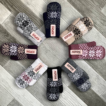 Рукавиці, рукавички жіночі вовняні подвійні на хутрі Корона, асорті, 7601