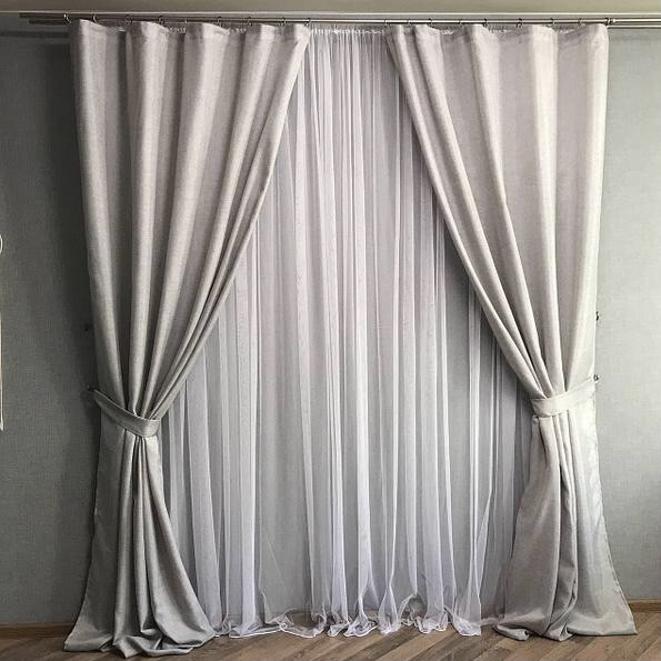 Готовий комплект однотонних лляних штор тасьмі 150х270см Колір Сірий, фото 1