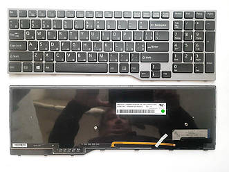 Клавіатура для ноутбуків Fujitsu LifeBook E753, E754 чорна з сірою рамкою, з підсвіткою UA/RU/US