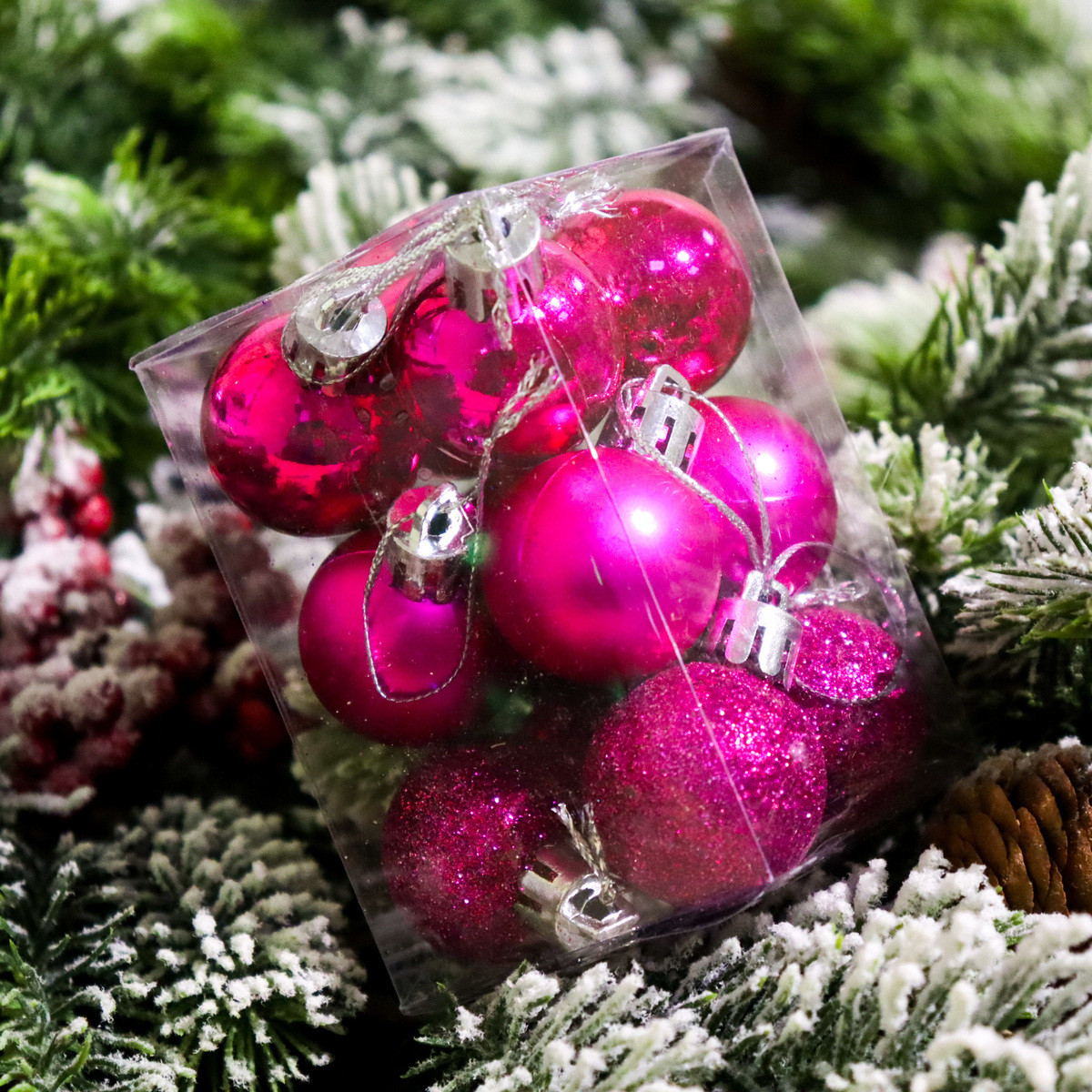 🔥 Вау! Упаковка 12 шт Ялинкових Куль Bonita 3 см, Матовий, Глянець, Гліттер | Рожевий