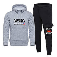 Мужской спортивный костюм NASA зимний серый-черный Комплект Наса теплый трехнитка на флисе