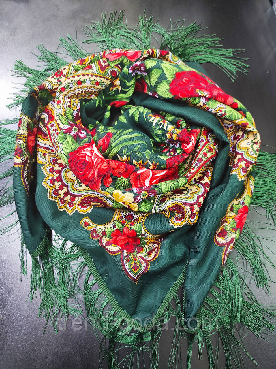 Хустка палантин з бахромою в українському народному стилі, зелена Туреччина