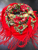 Платок палантин с бахромой в украинском народном стиле, красный Турция
