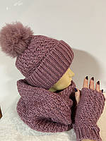 Рожевий жіночий комплект-трійка шапка + шарф-хомут + мітенки